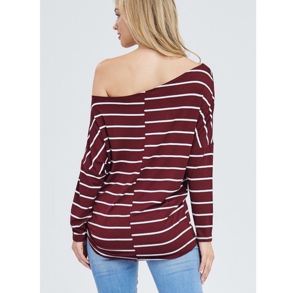 Dolman Sleeve Front Twist Burgundy Striped Top - Picture 5 of 7